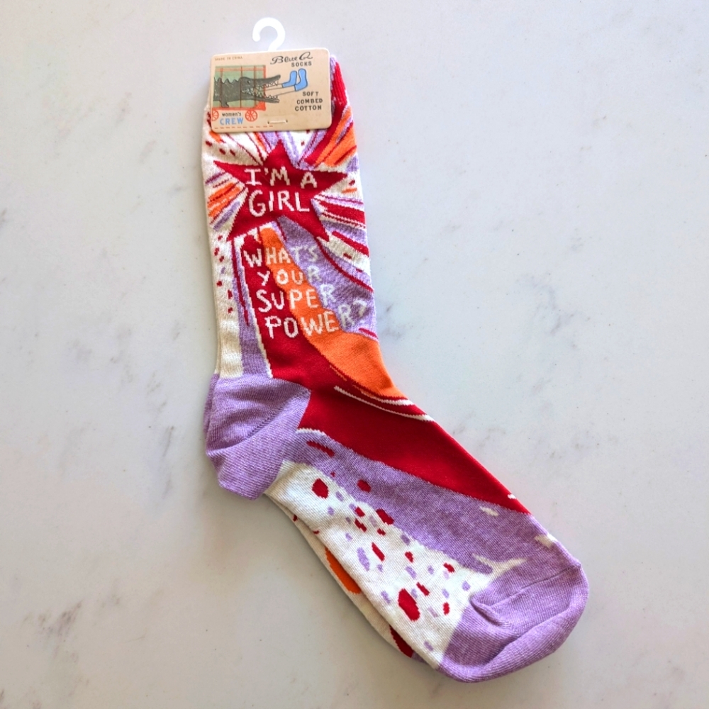 NWT Blue Q socks "I'm a girl, what's your superpower?"